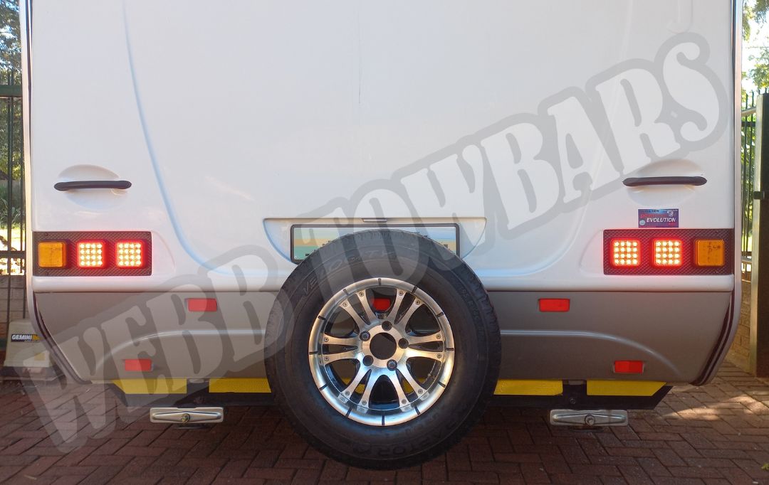 Jurgens Exclusive Caravan fitted with a standard towbar for spare wheel mount, custom-manufactured and installed by Webb Towbars in Gauteng, South Africa