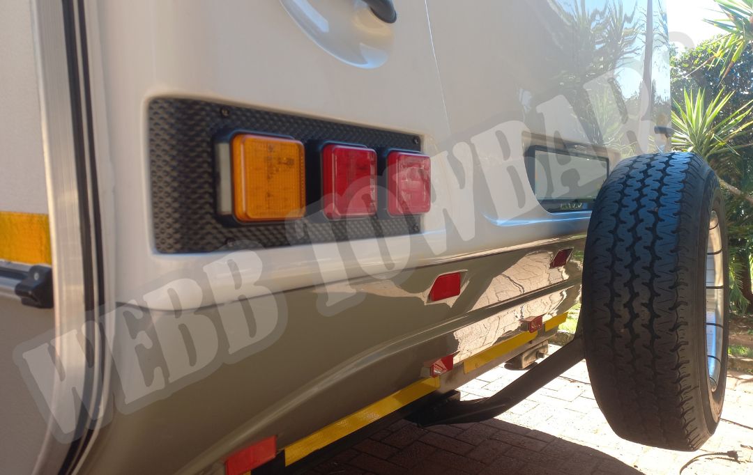 Jurgens Exclusive Caravan fitted with a standard towbar for spare wheel mount, custom-manufactured and installed by Webb Towbars in Gauteng, South Africa