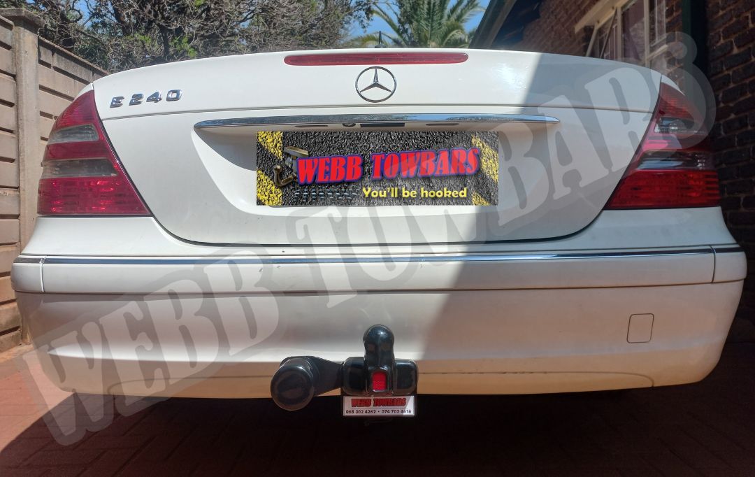 Mercedes Benz E240 equipped with custom standard towbar by Webb Towbars in Gauteng, South Africa – expertly manufactured for strength, safety, and seamless integration