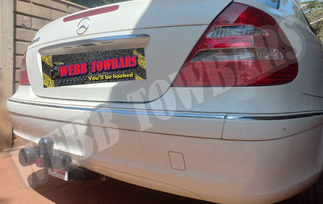 Mercedes Benz E240 equipped with custom standard towbar by Webb Towbars in Gauteng, South Africa – expertly manufactured for strength, safety, and seamless integration