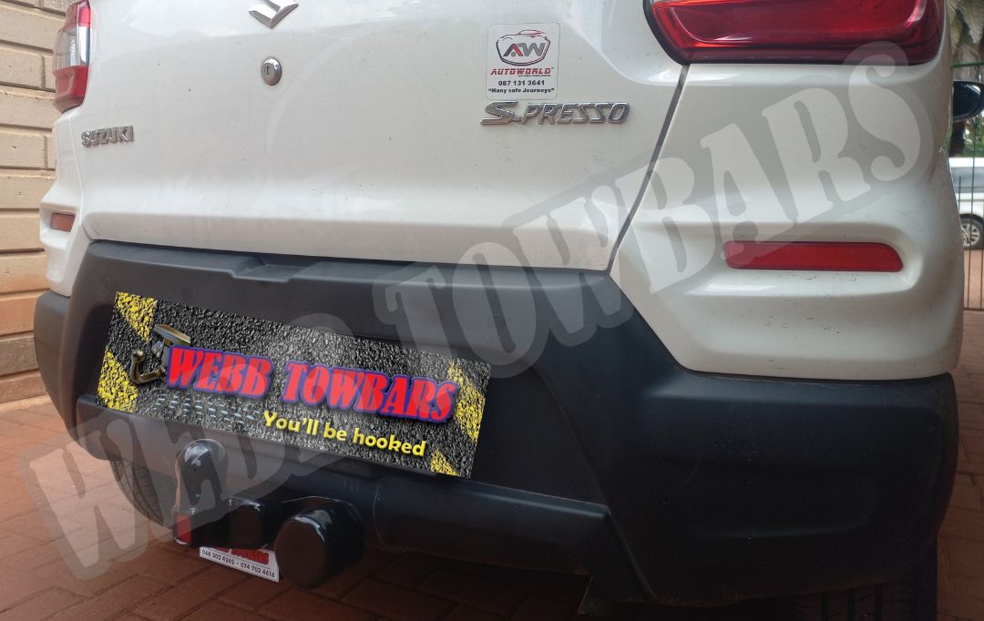 Suzuki S-Presso fitted with a custom-manufactured standard towbar by Webb Towbars in Gauteng, ideal for light towing and urban utility.