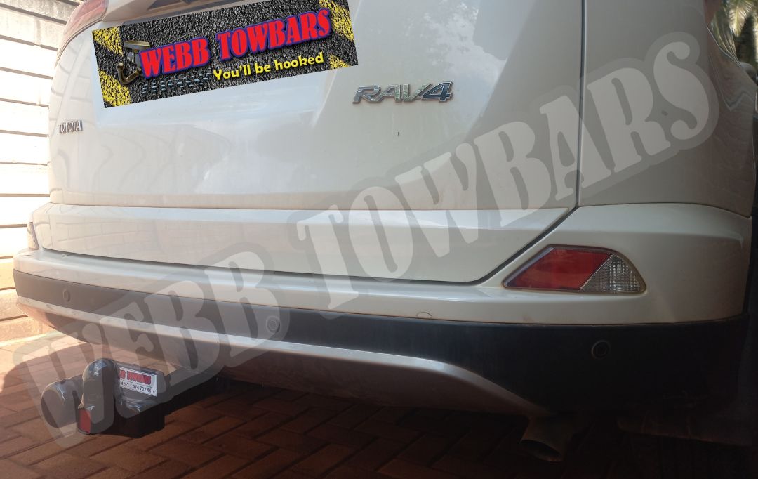 Toyota Rav4 equipped with a standard towbar manufactured and professionally fitted by Webb Towbars in Gauteng, South Africa – built for safety, strength, and seamless towing.