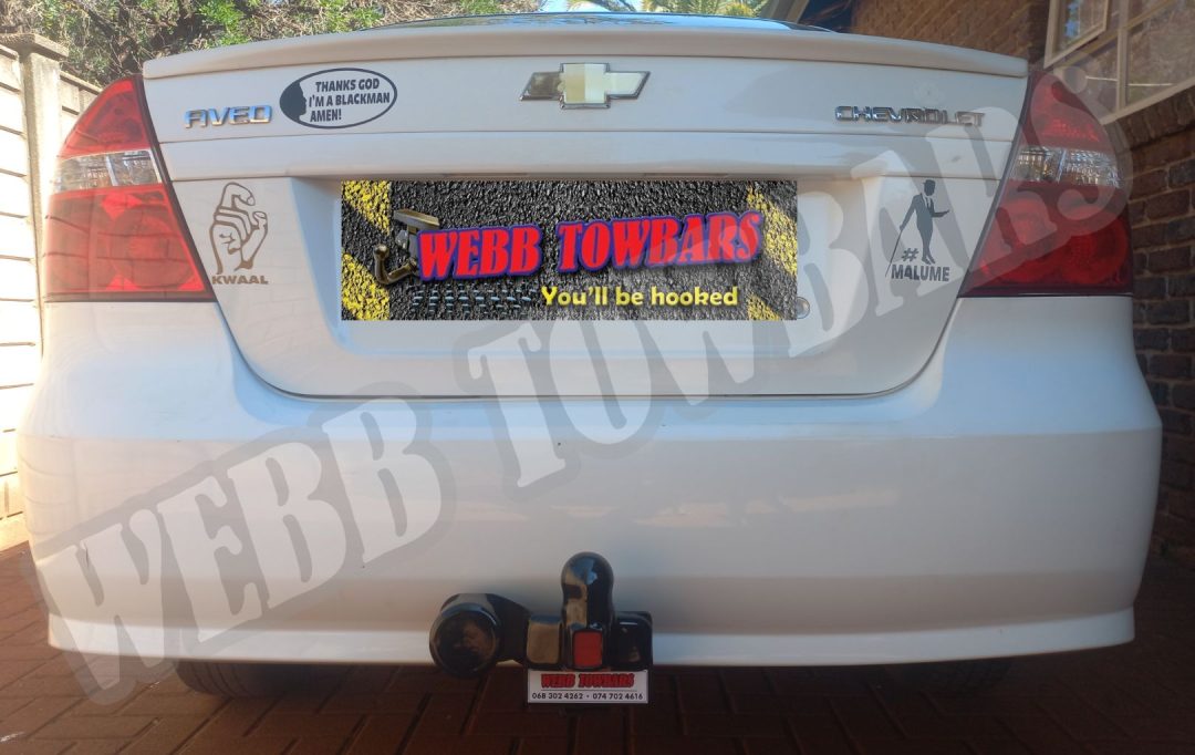 Chevrolet Aveo Sedan fitted with standard towbar by Webb Towbars in Gauteng, South Africa – durable towing solution professionally installed