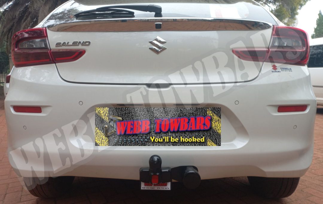 Suzuki Baleno fitted with standard towbar by Webb Towbars in Gauteng, South Africa – precision installation for safe and reliable towing.