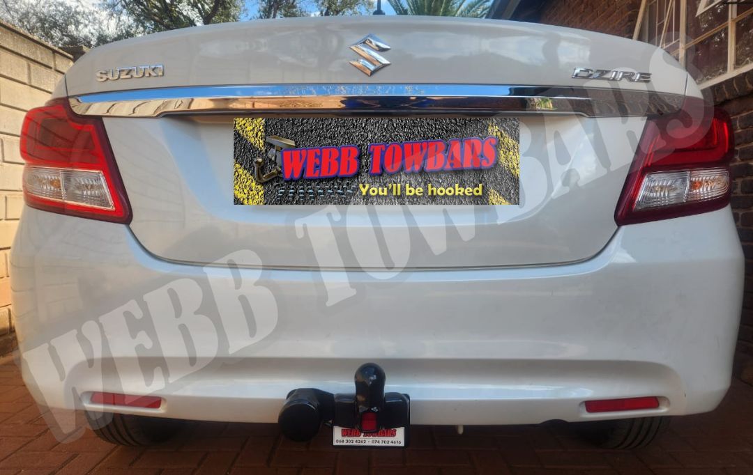 Webb Towbars Suzuki Dzire standard towbar custom manufactured and professionally fitted in Gauteng South Africa for sedan towing, bike racks, light trailers, and everyday motoring convenience